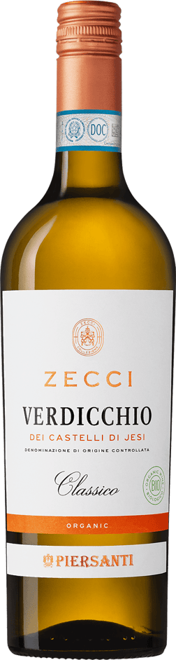 En lättare glasflaska med Piersanti Zecchi Verdicchio dei Castelli di Jesi Classico Organic 2023, ett vitt vin från Marche i Italien