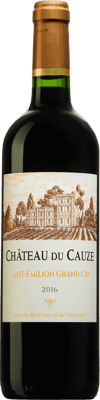 En flaska med Château du Cauze 2016, ett rött vin från Bordeaux i Frankrike
