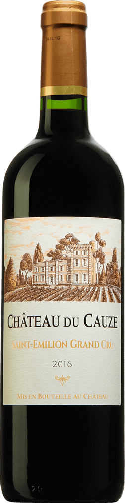En flaska med Château de Cauze 2019, ett rött vin från Bordeaux i Frankrike