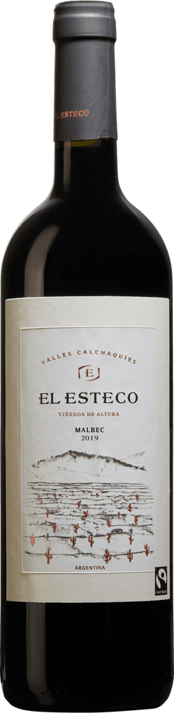 En glasflaska med El Esteco Malbec 2022, ett rött vin från North i Argentina