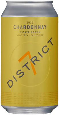 En burk med District 7 Chardonnay, ett vitt vin från Kalifornien i USA