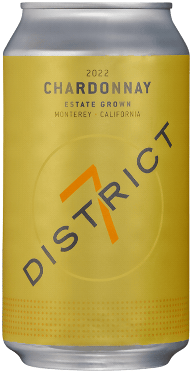En burk med District 7 Chardonnay, ett vitt vin från Kalifornien i USA