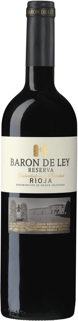 En glasflaska med Baron de Ley Reserva 2020, ett rött vin från Rioja i Spanien