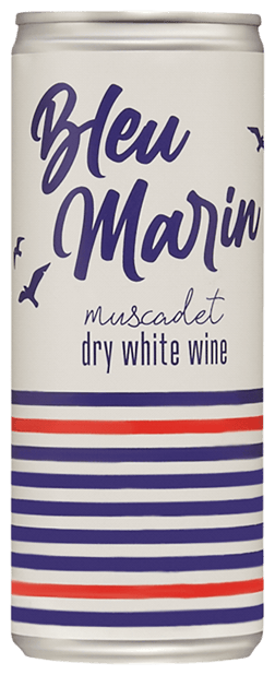 En burk med Bleu Marin Sarl Gilbert Chon, ett vitt vin från Loiredalen i Frankrike