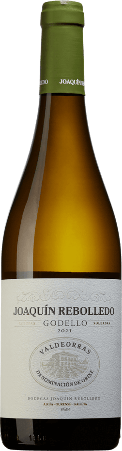 En lättare glasflaska med Joaquin Rebolledo Godello 2021, ett vitt vin från Galicien i Spanien