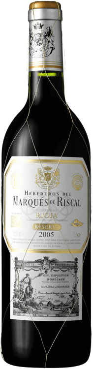 En glasflaska med Marques de Riscal Reserva, ett rött vin från Rioja i Spanien