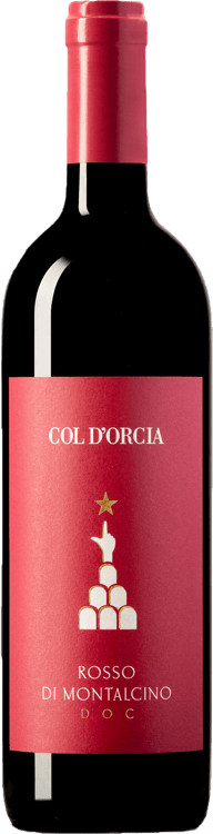 En lättare glasflaska med Col d&#8217;Orcia Rosso di Montalcino, ett rött vin från Toscana i Italien