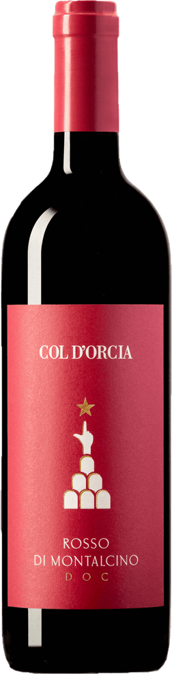 En lättare glasflaska med Col d’Orcia Rosso di Montalcino 2019, ett rött vin från Toscana i Italien