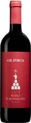 En lättare glasflaska med Col d’Orcia Rosso di Montalcino, ett rött vin från Toscana i Italien