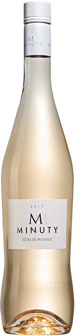 En glasflaska med M de Minuty Rosé 2023, en rosévin från Provence i Frankrike