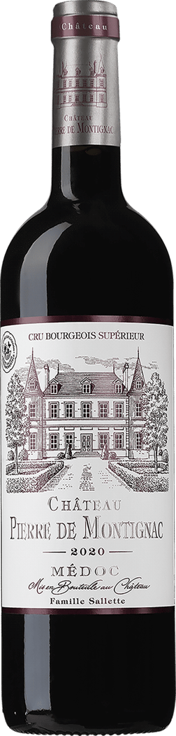 En glasflaska med Château Pierre de Montignac Médoc Cru Bourgeois Supérieur 2019, ett rött vin från Bordeaux i Frankrike