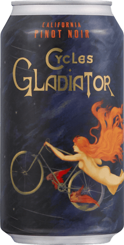 En burk med  Cycles Gladiator Pinot Noir, ett rött vin från Kalifornien i USA