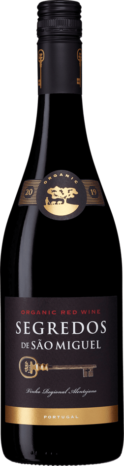 En lättare glasflaska med Segredos de São Miguel Organic 2023, ett rött vin från Alentejo i Portugal