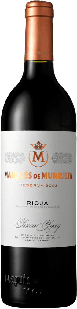 En glasflaska med Marqués de Murrieta Reserva, ett rött vin från Rioja i Spanien
