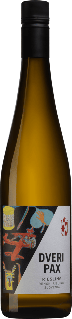En lättare glasflaska med Dveri-Pax Riesling 2023, ett vitt vin från Podravina i Slovenien
