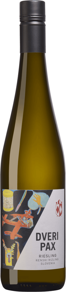 En lättare glasflaska med Dveri-Pax Riesling 2023, ett vitt vin från Podravina i Slovenien