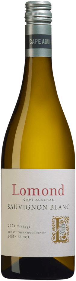 En lättare glasflaska med Lomond Sauvignon Blanc 2024, ett vitt vin från Western Cape i Sydafrika