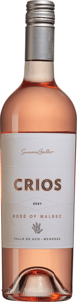 En lättare glasflaska med Crios Rosé of Malbec 2021, en rosévin från Cuyo i Argentina