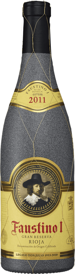 En glasflaska med Faustino I Gran Reserva 2016, ett rött vin från Rioja i Spanien