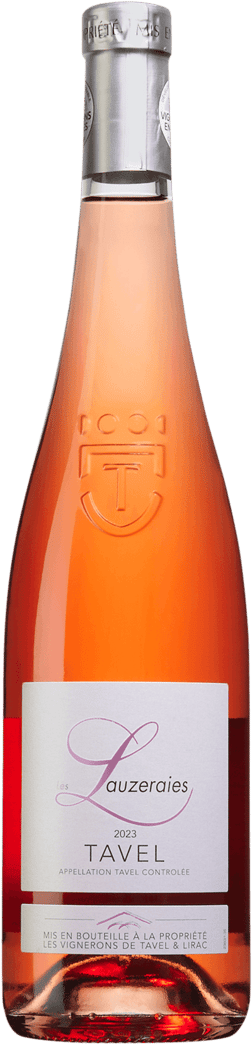 En glasflaska med Les Lauzeraies Tavel 2022, en rosévin från Rhonedalen i Frankrike