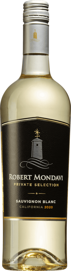 En glasflaska med Robert Mondavi Private Selection Sauvignon Blanc 2020, ett vitt vin från Kalifornien i USA