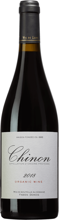 En lättare glasflaska med Chinon Fabien Demois 2023, ett rött vin från Loiredalen i Frankrike