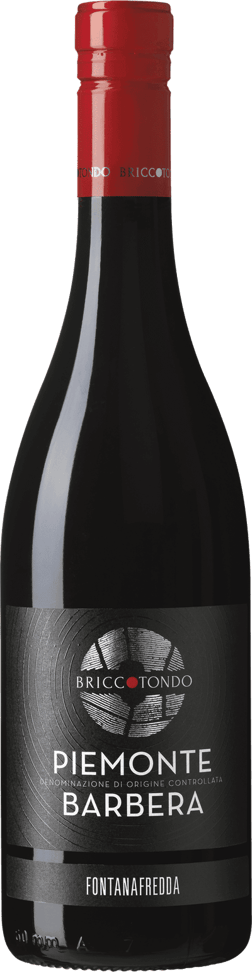 En lättare glasflaska med Briccotondo Barbera 2023, ett rött vin från Piemonte i Italien
