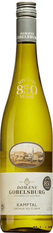 En lättare glasflaska med Domaene Gobelsburg Kamptal, ett vitt vin från Niederösterreich i Österrike