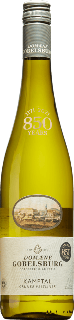 En lättare glasflaska med Domaene Gobelsburg Kamptal Grüner Veltliner 2022, ett vitt vin från Niederösterreich i Österrike