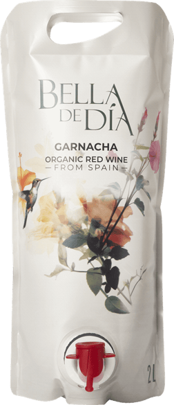 En påse med Bella de Día Garnacha 2022, ett rött vin från Aragonien i Spanien