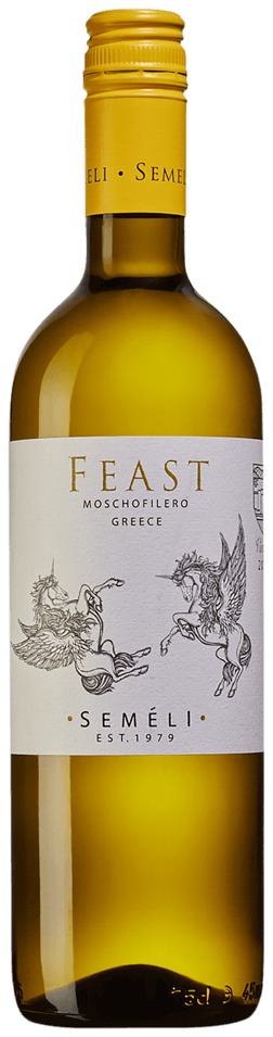 En lättare glasflaska med Semeli Feast White 2023, ett vitt vin från Peloponnesos i Grekland