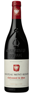 En glasflaska med Château Mont-Redon Châteauneuf-du-Pape, ett rött vin från Rhonedalen i Frankrike