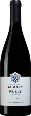 En glasflaska med Rully En Rosey, ett rött vin från Bourgogne i Frankrike