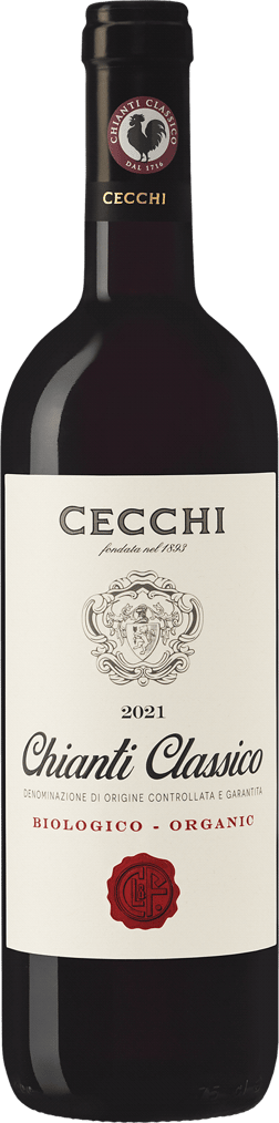 En lättare glasflaska med Cecchi Organic Chianti Classico 2021, ett rött vin från Toscana i Italien