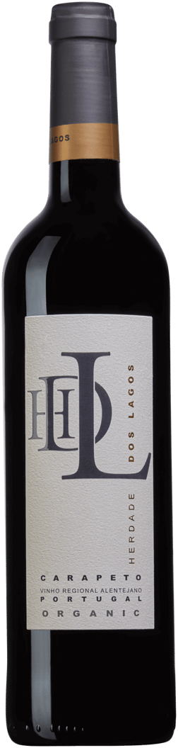 En lättare glasflaska med Herdade dos Lagos Carapeto 2022, ett rött vin från Alentejo i Portugal