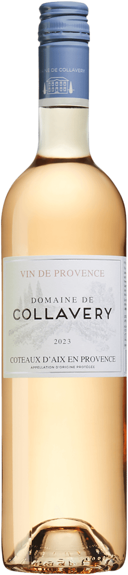 En glasflaska med Domaine de Collavery 2021, en rosévin från Provence i Frankrike