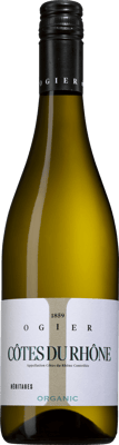 En lättare glasflaska med Héritages Côtes du Rhône Blanc Ogier, ett vitt vin från Rhonedalen i Frankrike