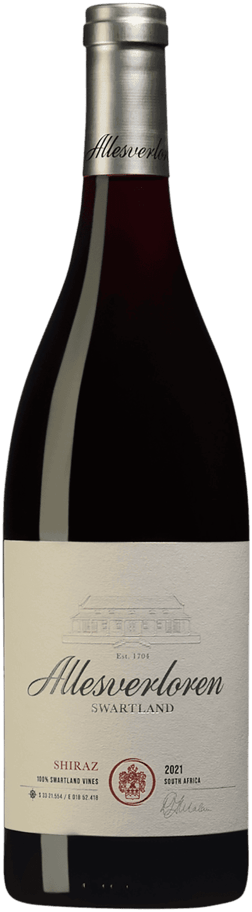 En glasflaska med Allesverloren Shiraz 2020, ett rött vin från Western Cape i Sydafrika