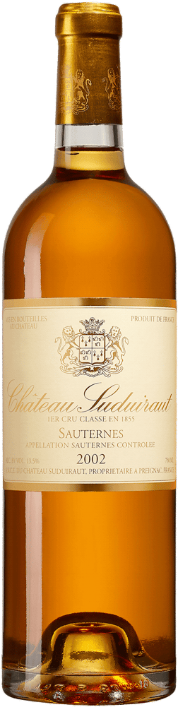 En glasflaska med Château Suduiraut 2002, ett vitt vin från Bordeaux i Frankrike