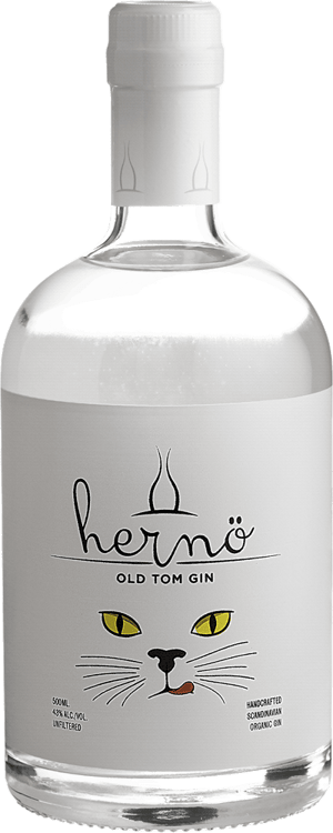 En glasflaska med Hernö Old Tom Gin, en gin & Genever från Västernorrlands län i Sverige