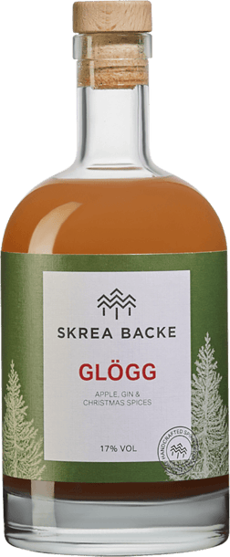 En glasflaska med Skrea Backe Glögg 2024, en glögg och Glühwein från Hallands län i Sverige