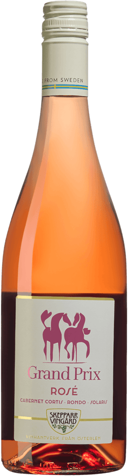 En lättare glasflaska med Skepparps Grand Prix Rosé 2023, en rosévin från Skåne län i Sverige