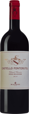 En glasflaska med Castello Fonterutoli 2017, ett rött vin från Toscana i Italien