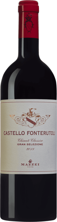 En glasflaska med Castello Fonterutoli 2017, ett rött vin från Toscana i Italien