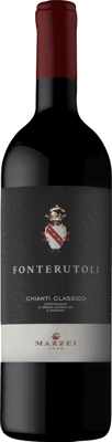 En glasflaska med Fonterutoli Chianti Classico 2020, ett rött vin från Toscana i Italien