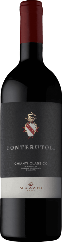 En glasflaska med Fonterutoli 2019, ett rött vin från Toscana i Italien