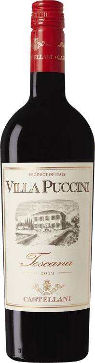 En glasflaska med Castellani Villa Puccini, ett rött vin från Toscana i Italien