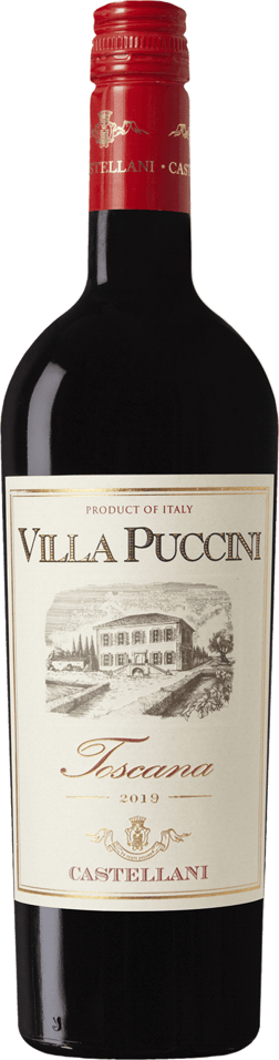 En glasflaska med Castellani Villa Puccini 2019, ett rött vin från Toscana i Italien
