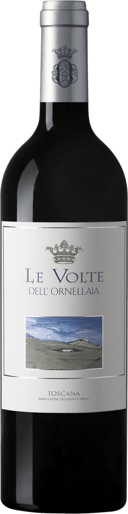 En lättare glasflaska med Le Volte dell’Ornellaia 2019, ett rött vin från Toscana i Italien