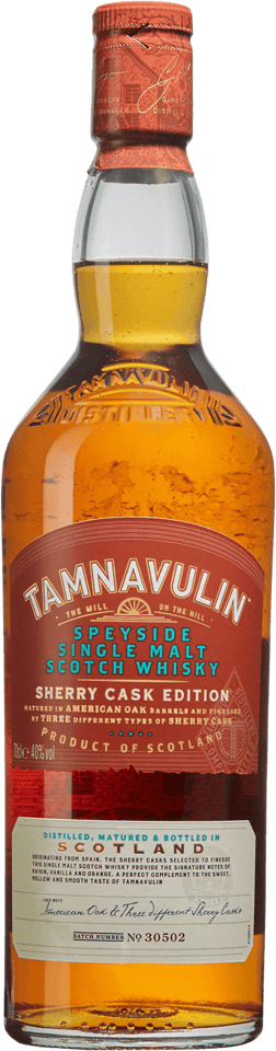 En glasflaska med Tamnavulin Sherry Cask Speyside Single Malt, en whisky från Skottland i Storbritannien